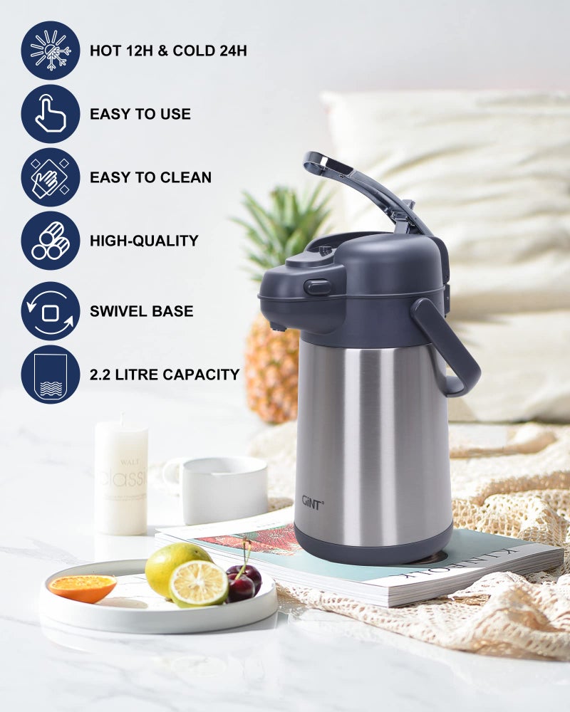 GiNT 74oz Airpot Coffee Dispenser with Pump, Insulated Coffee Carafe for Hot Liquids, Stainless Steel Vacuum Insulated Pump Dispenser for Hot/Cold Beverages (2.2L) - Image 3